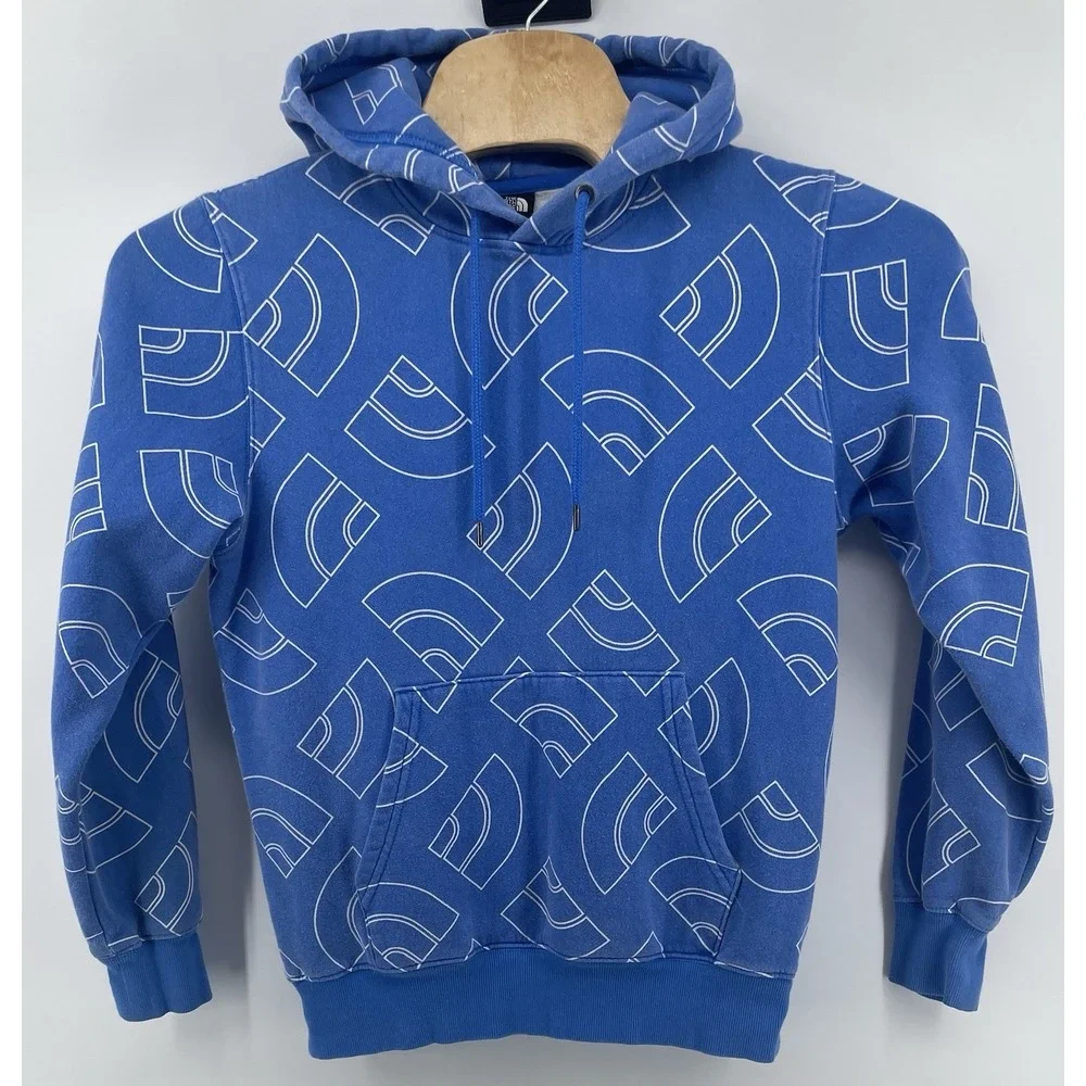 The North Face Hoodie Mens Med Blue All Over Logo Pullover Sweatshirt Outdoor